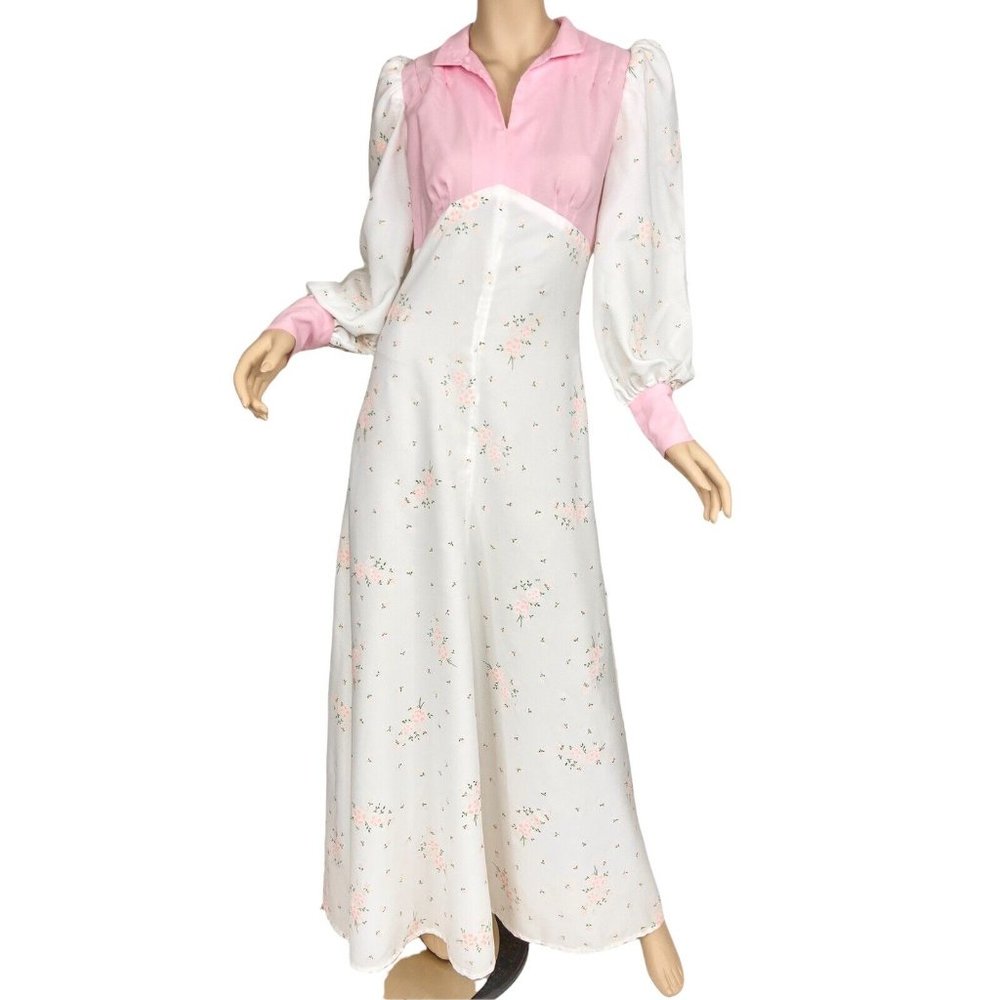 Vintage 70s Maxi Dress Puff Sleeve White Pink Floral Print Size Small